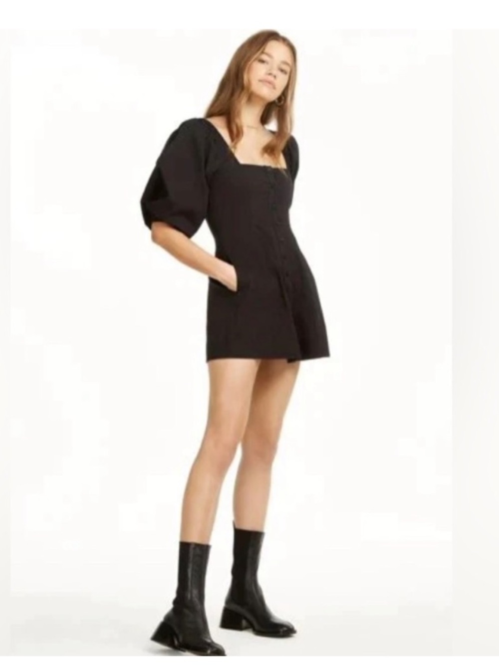 Danielle Bernstein Black Square-Neck Button-Front Puff Sleeve Top